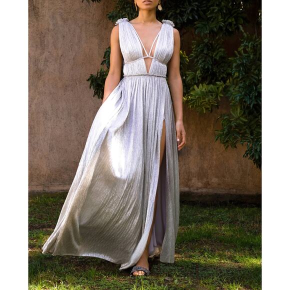 Jonathan Simkhai NEW Open Neck Maxi Dress in Cool Silver Size M Deep V Open Back - Picture 1 of 13